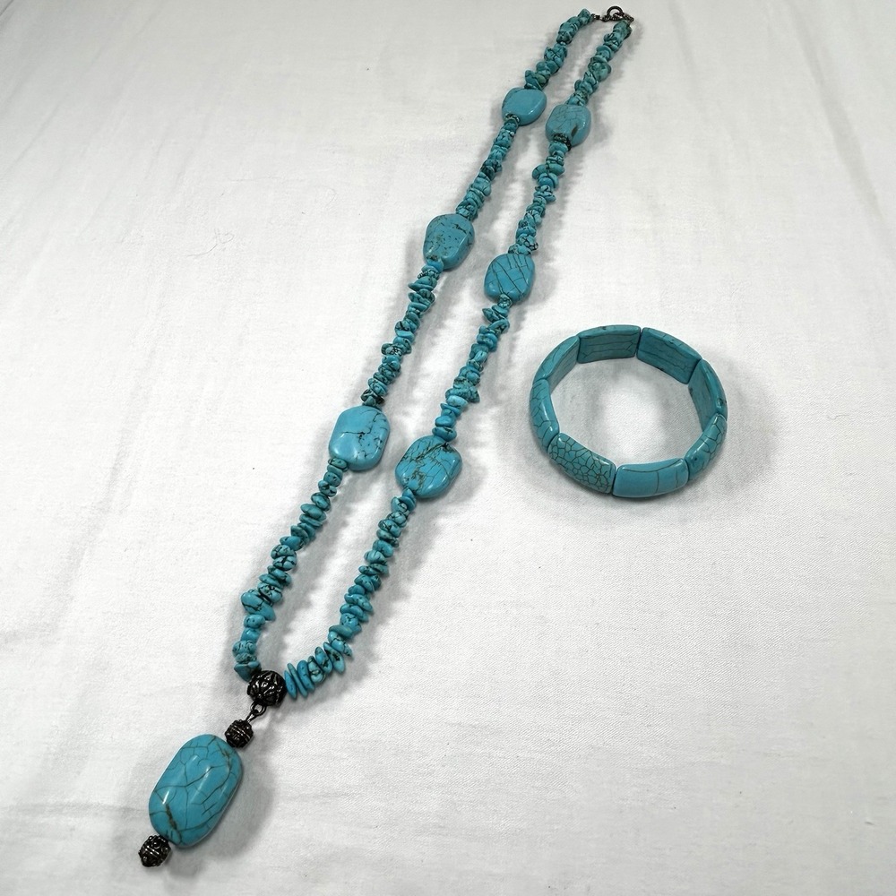 Boho Turquoise Blue Howlite Chunk Necklace Bracelet Western Statement Jewelry